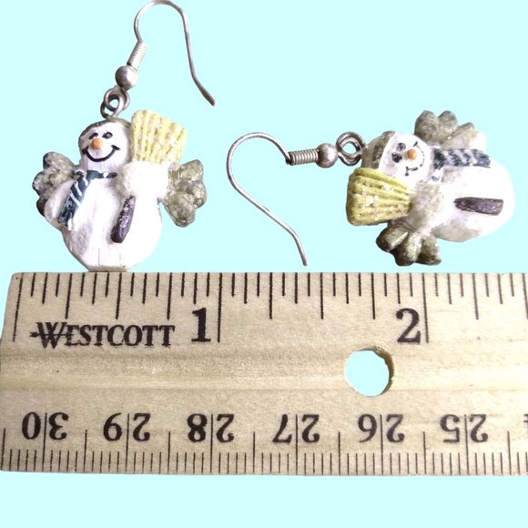 Snowman Angel Earrings White Broom Dangle Drop Winter Holiday Jewelry - Picture 2 of 3